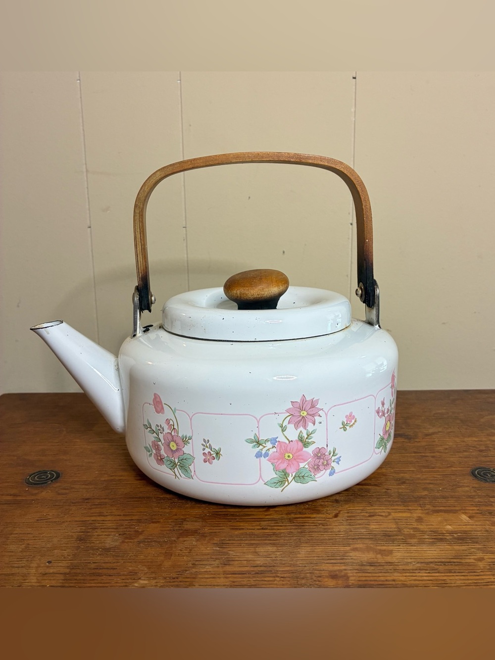Vintage Floral Enamel Tea Kettle